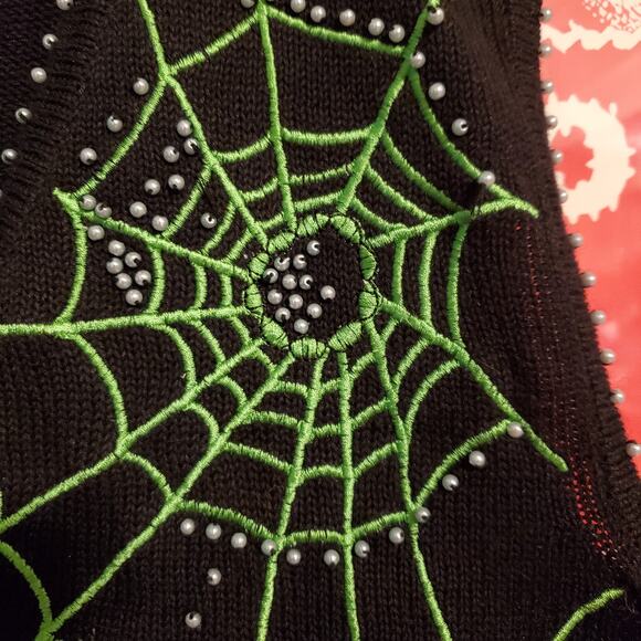 Vintage Halloween Maximalist Beaded Cardigan Sweater Vest Kitschy Spider Webs - Picture 7 of 10